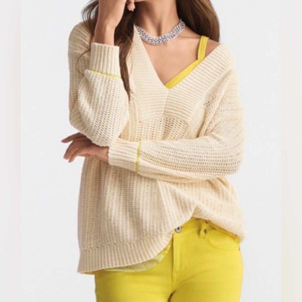 Cabi Oversized Sweater, Sz. M, Cream Color w/ Yellow Stripe at Wrist, Deep V